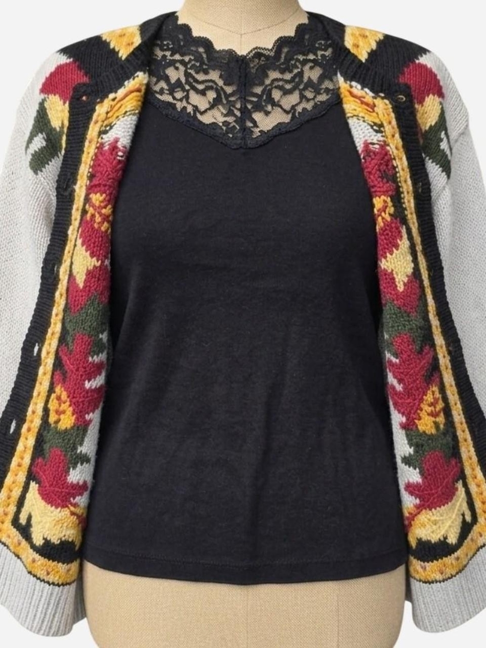 Vintage Orvis Autumn Leaves Intarsia Knit Cardigan Sweater Size L - Picture 2 of 8